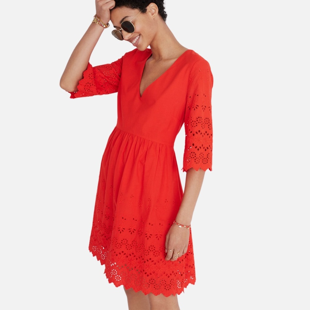 MADEWELL V Neck Eyelet Scalloped Trim Red Mini Dress